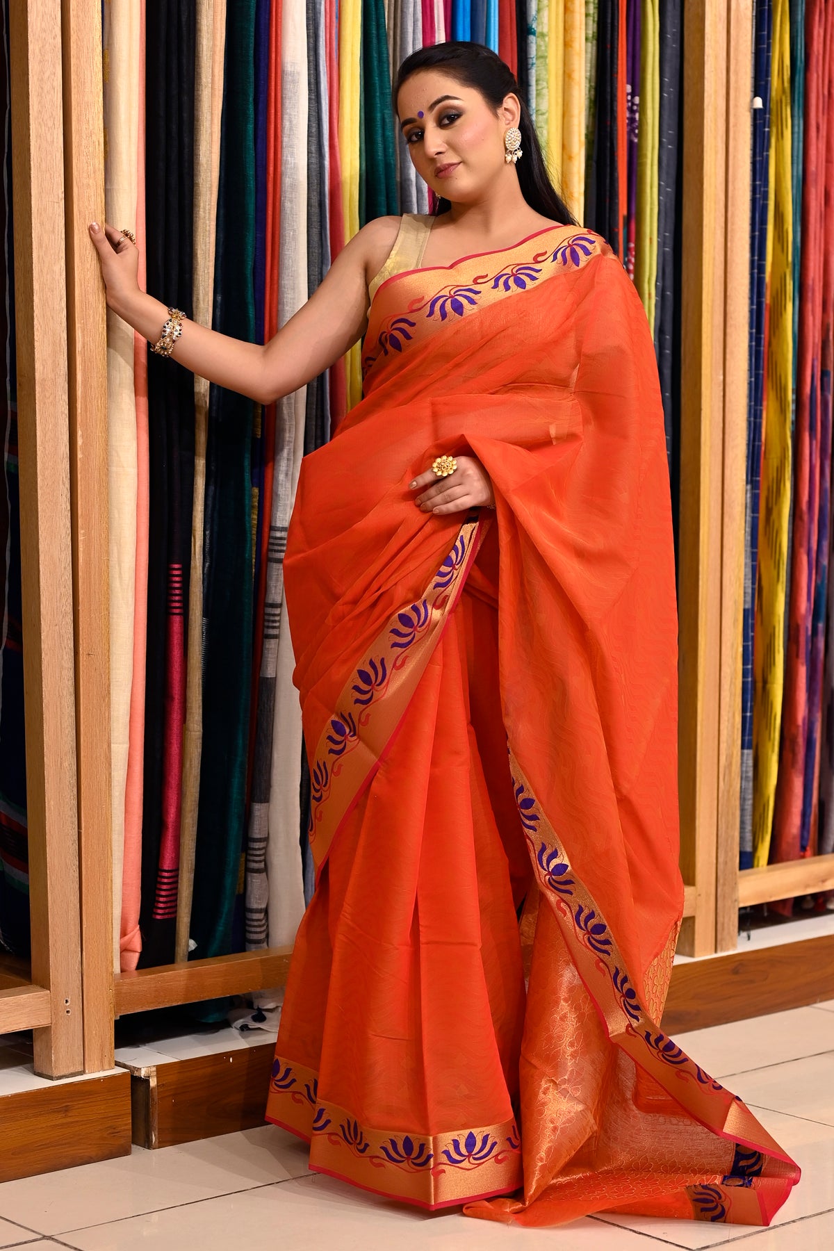 Orange Color Silk Cotton Saree with Rich Zari Pallu – BharatSthali