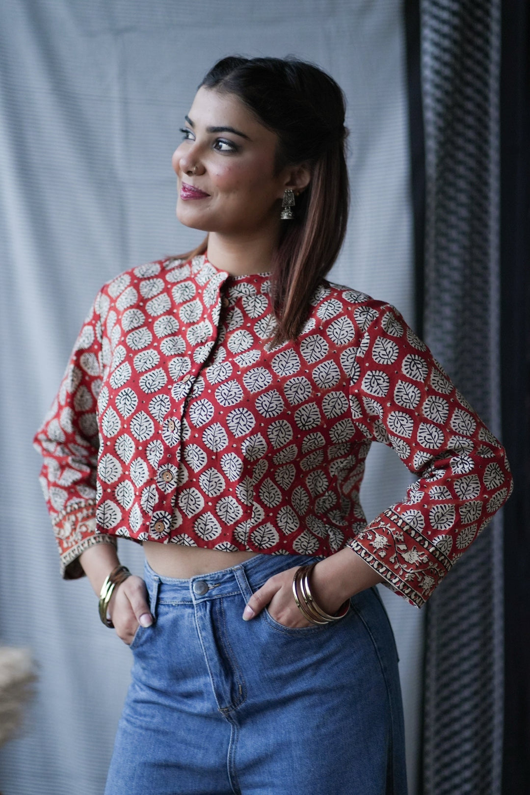 Red Handblock Print Pure Cotton Crop Top