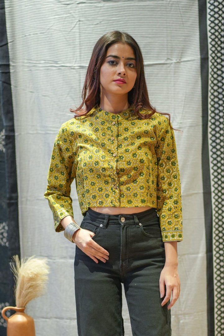 Mustard Handblock Print Pure Cotton Crop Top