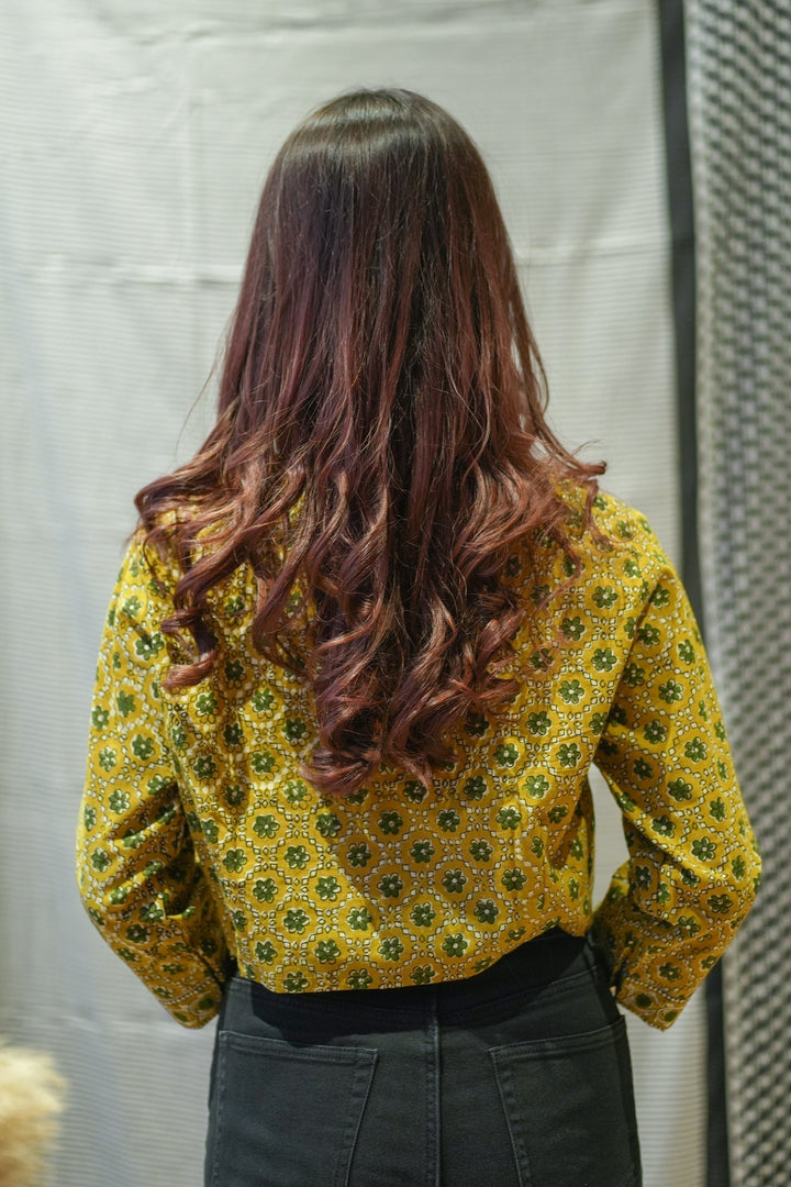 Mustard Handblock Print Pure Cotton Crop Top