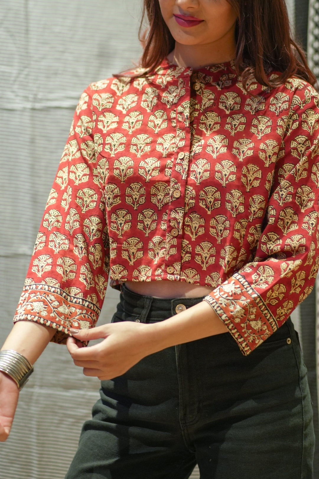 Red Handblock Print Pure Cotton Crop Top