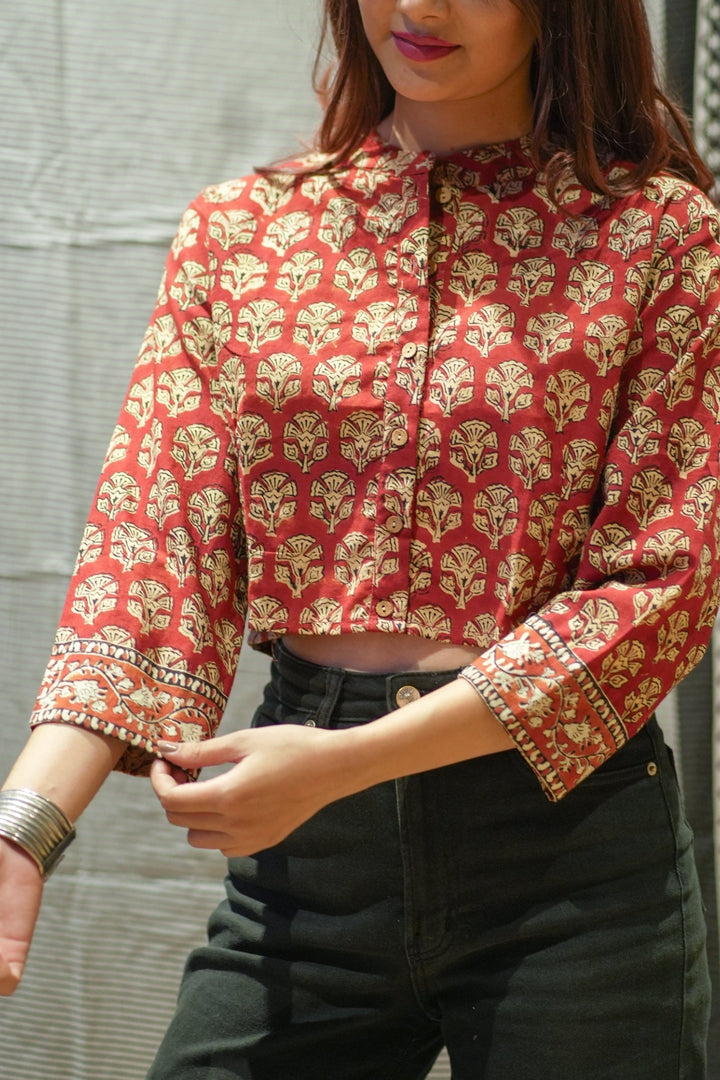 Red Handblock Print Pure Cotton Crop Top