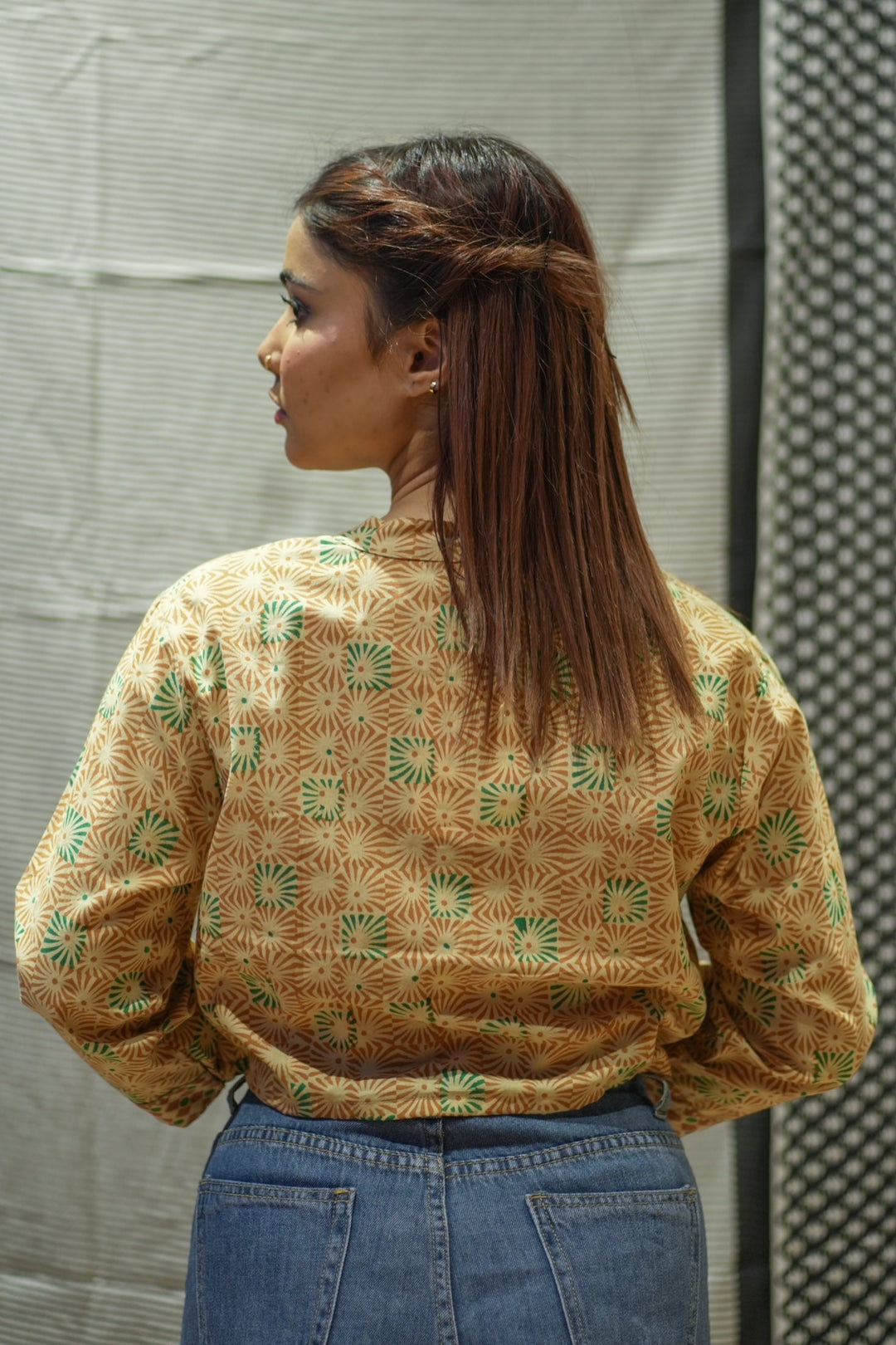 Mustard Handblock Print Pure Cotton Crop Top