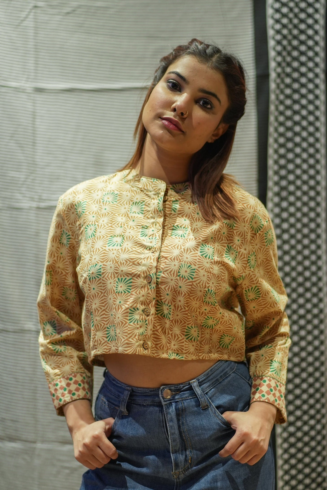 Mustard Handblock Print Pure Cotton Crop Top