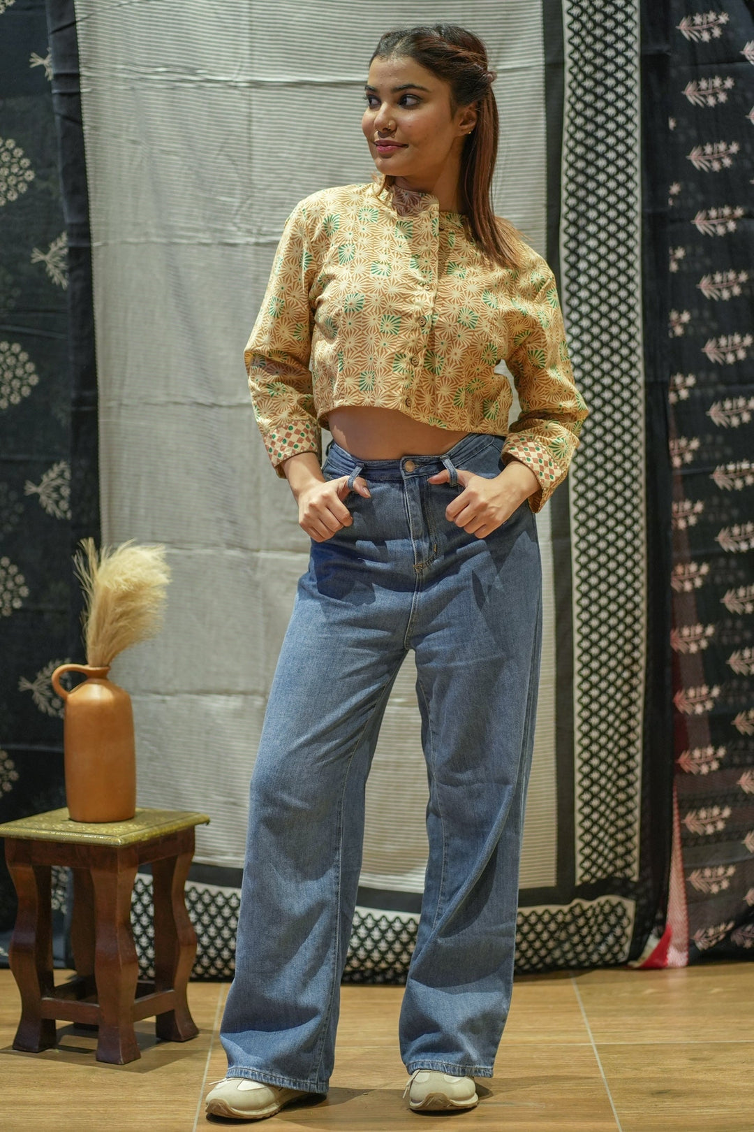 Mustard Handblock Print Pure Cotton Crop Top