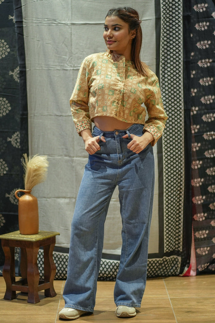 Mustard Handblock Print Pure Cotton Crop Top