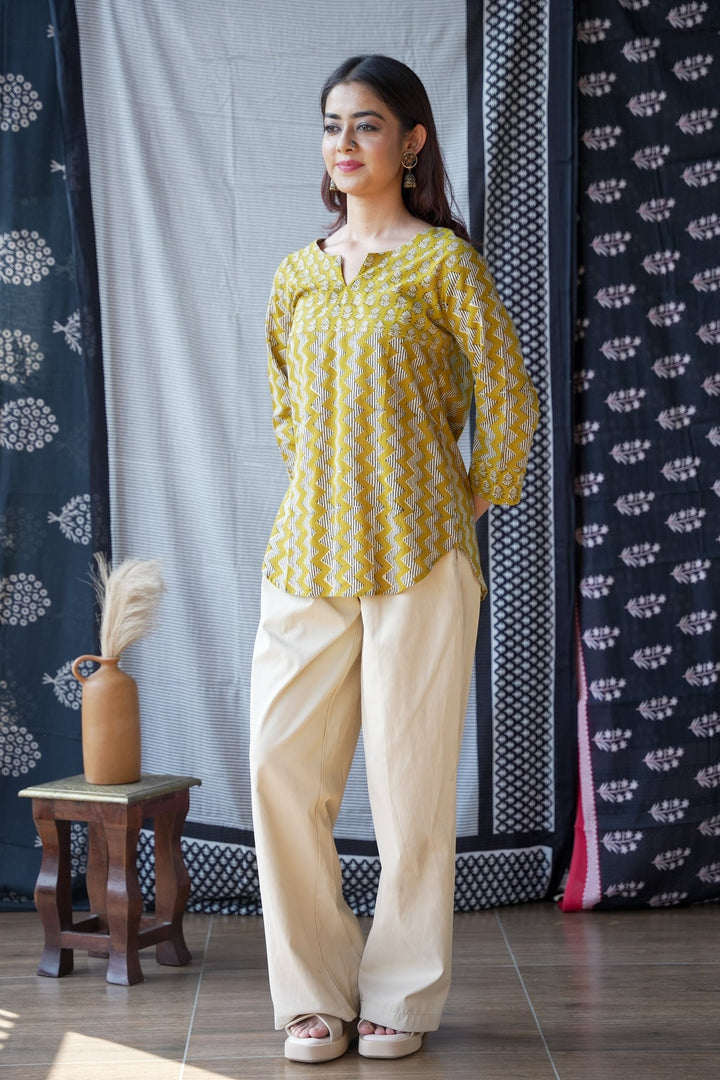Mustard Handblock Print Short Kurti Top