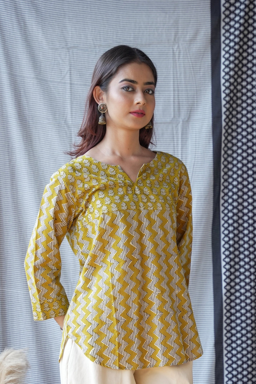 Mustard Handblock Print Short Kurti Top