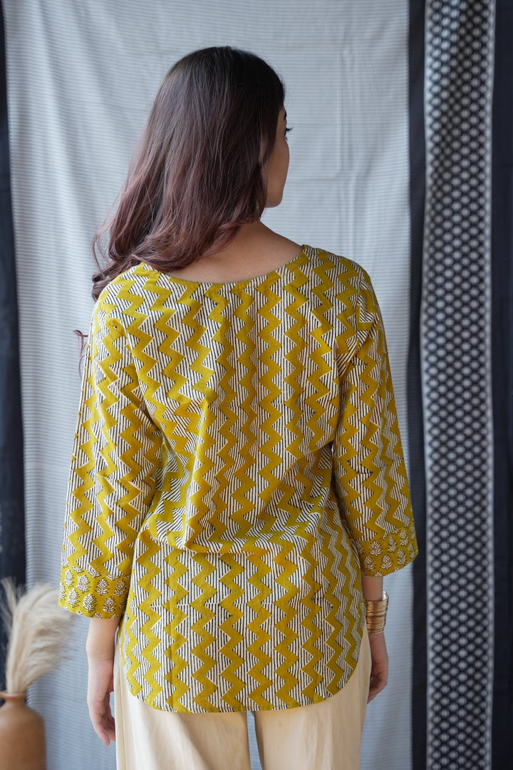 Mustard Handblock Print Short Kurti Top