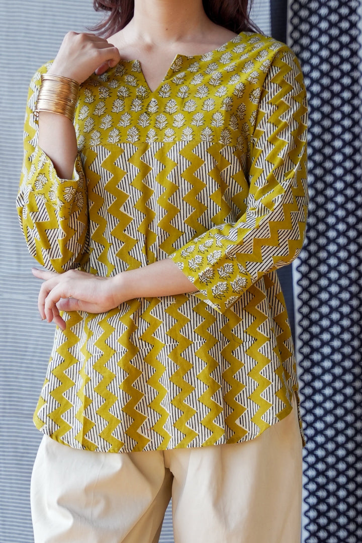 Mustard Handblock Print Short Kurti Top
