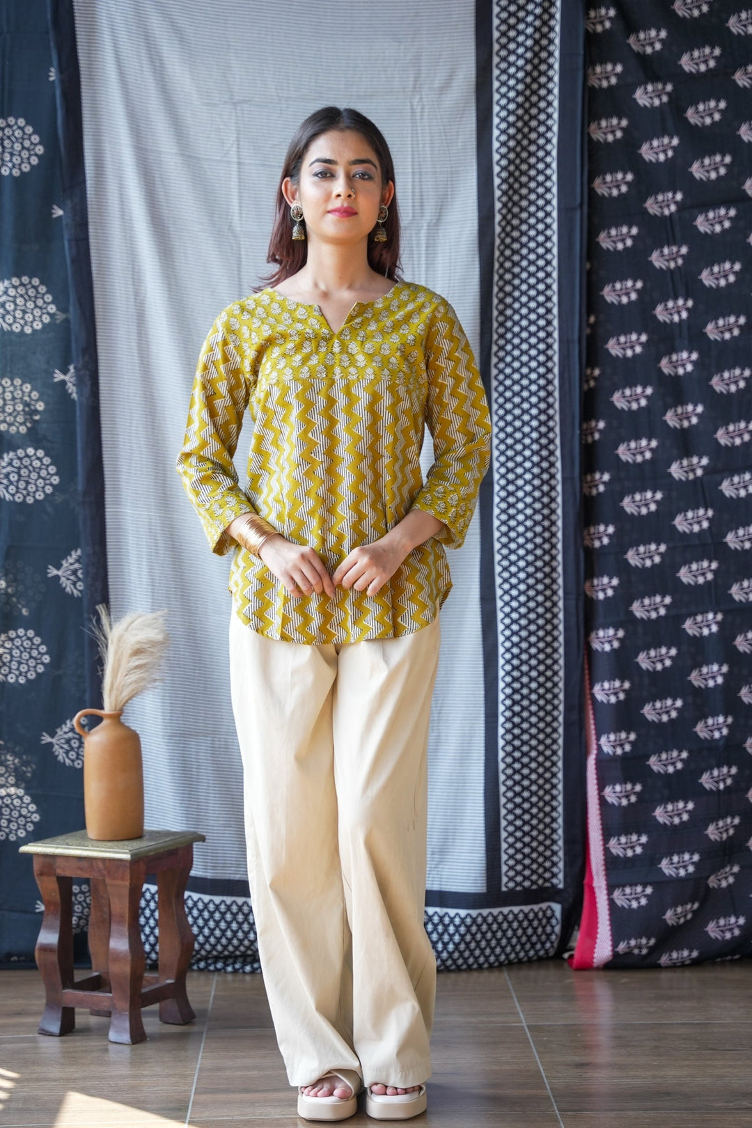 Mustard Handblock Print Short Kurti Top