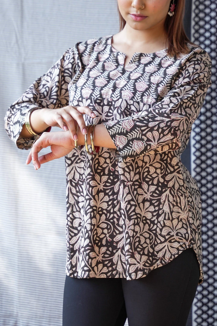 Black Handblock Print Short Kurti Top