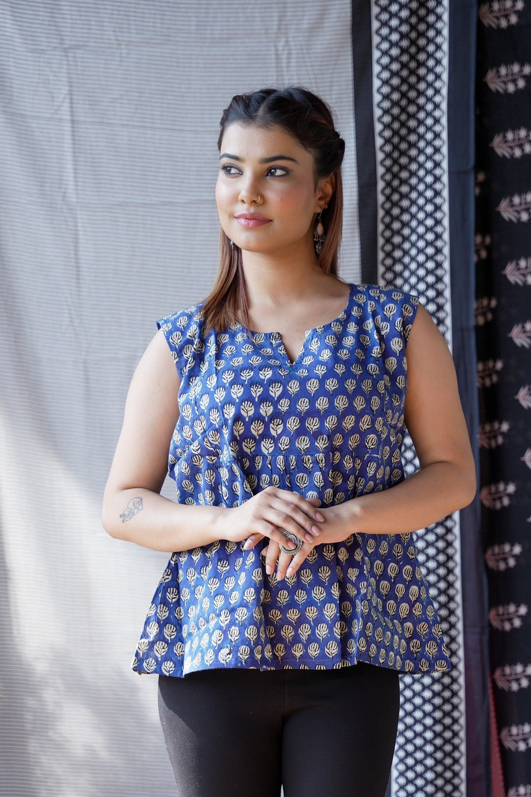Royal Blue Handblock Print Short Kurti Sleeveless Top
