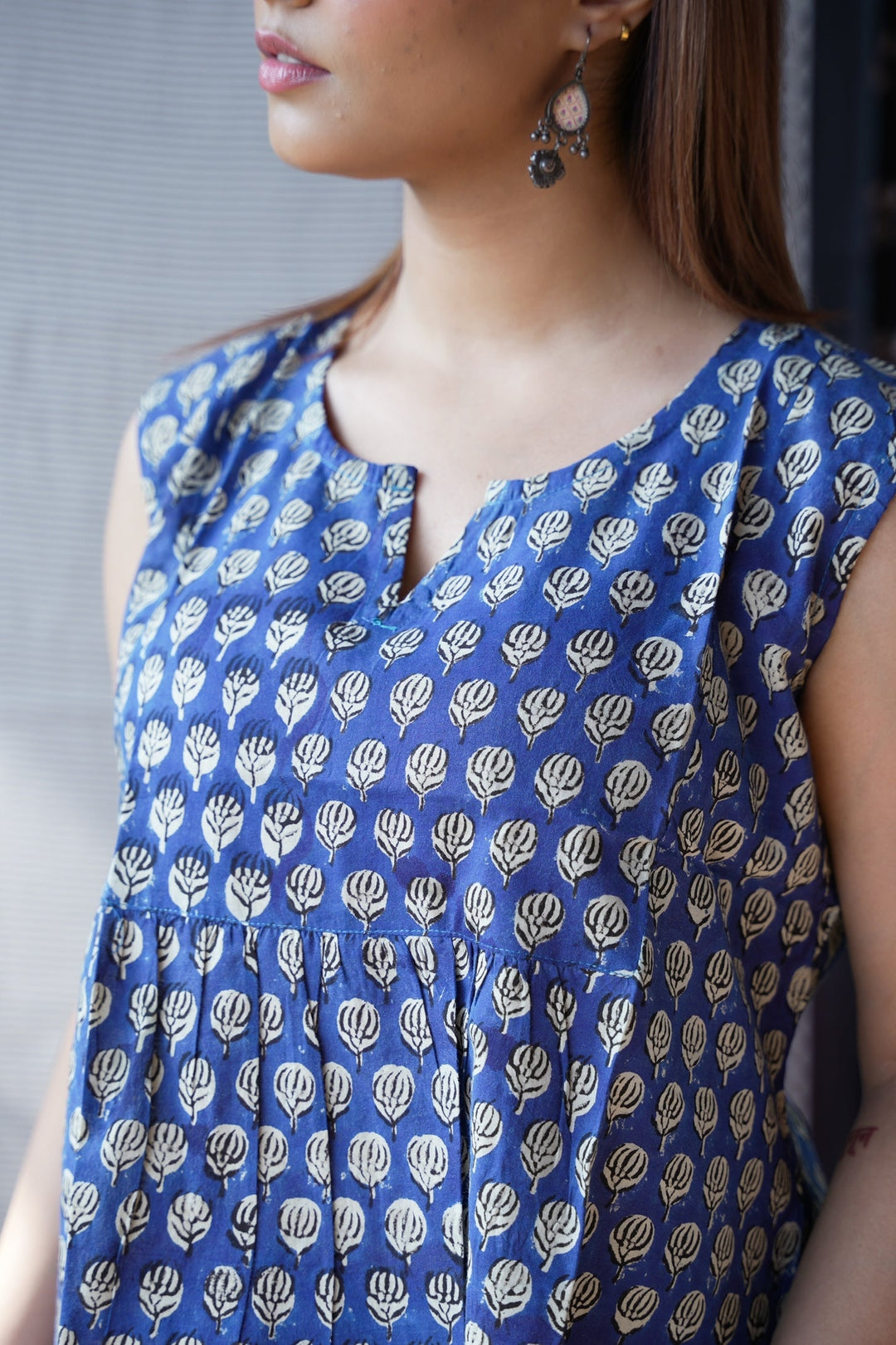 Royal Blue Handblock Print Short Kurti Sleeveless Top