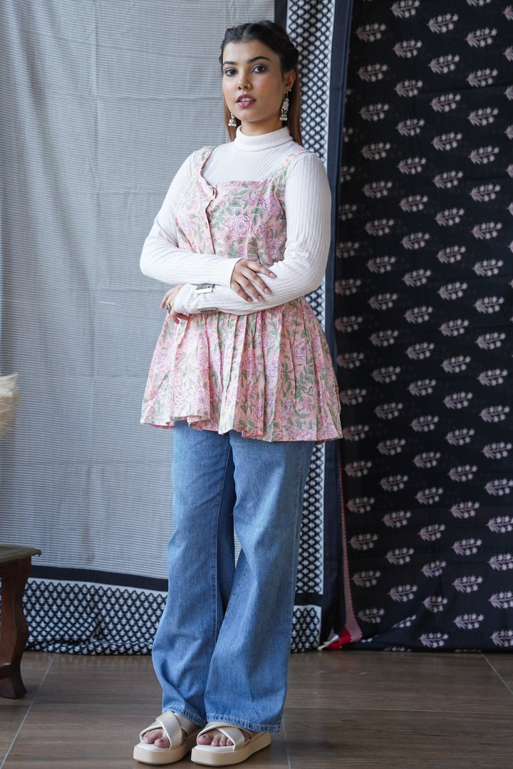 Light Pink Handblock Print Short Kurti Top