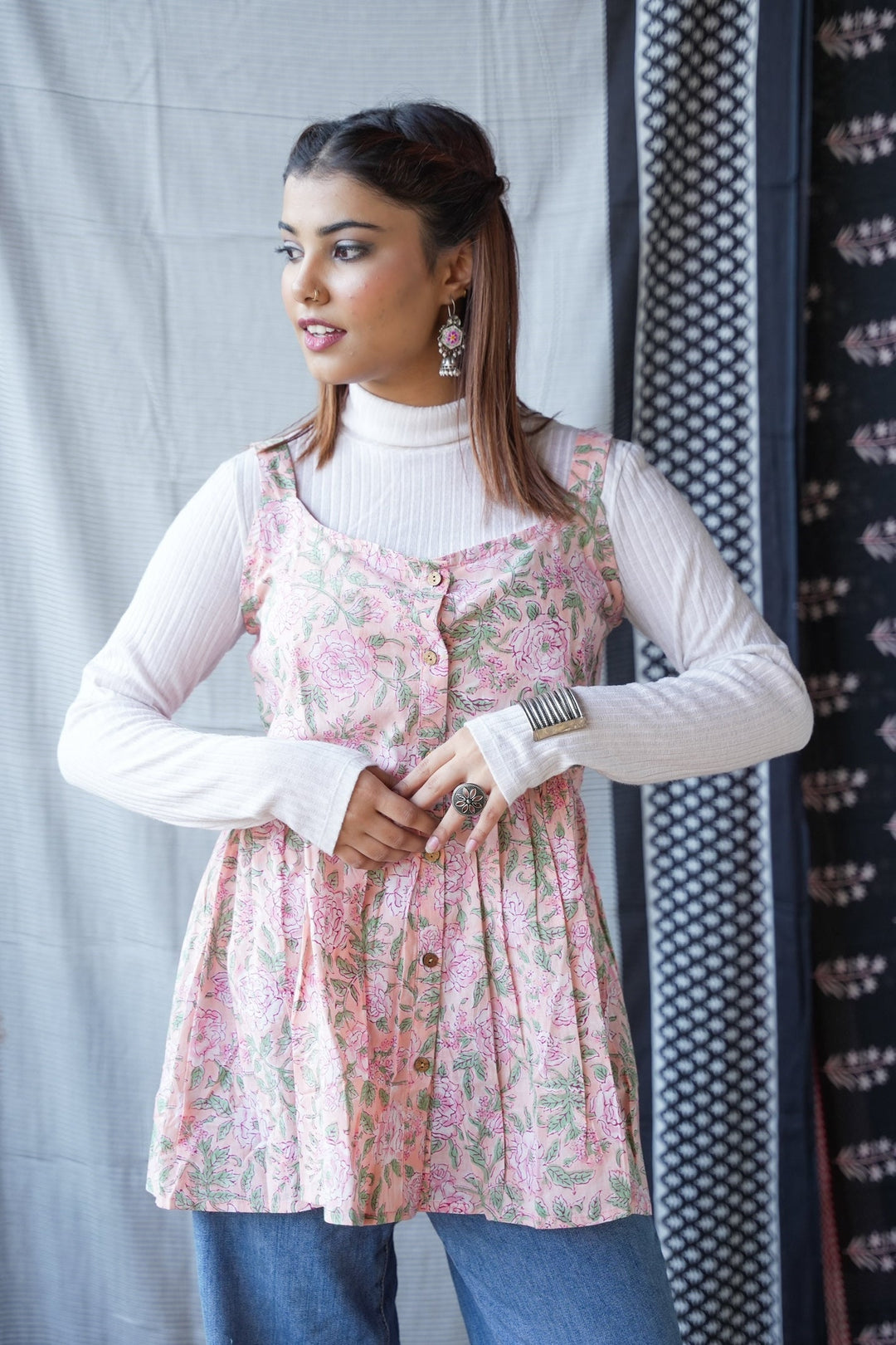 Light Pink Handblock Print Short Kurti Top