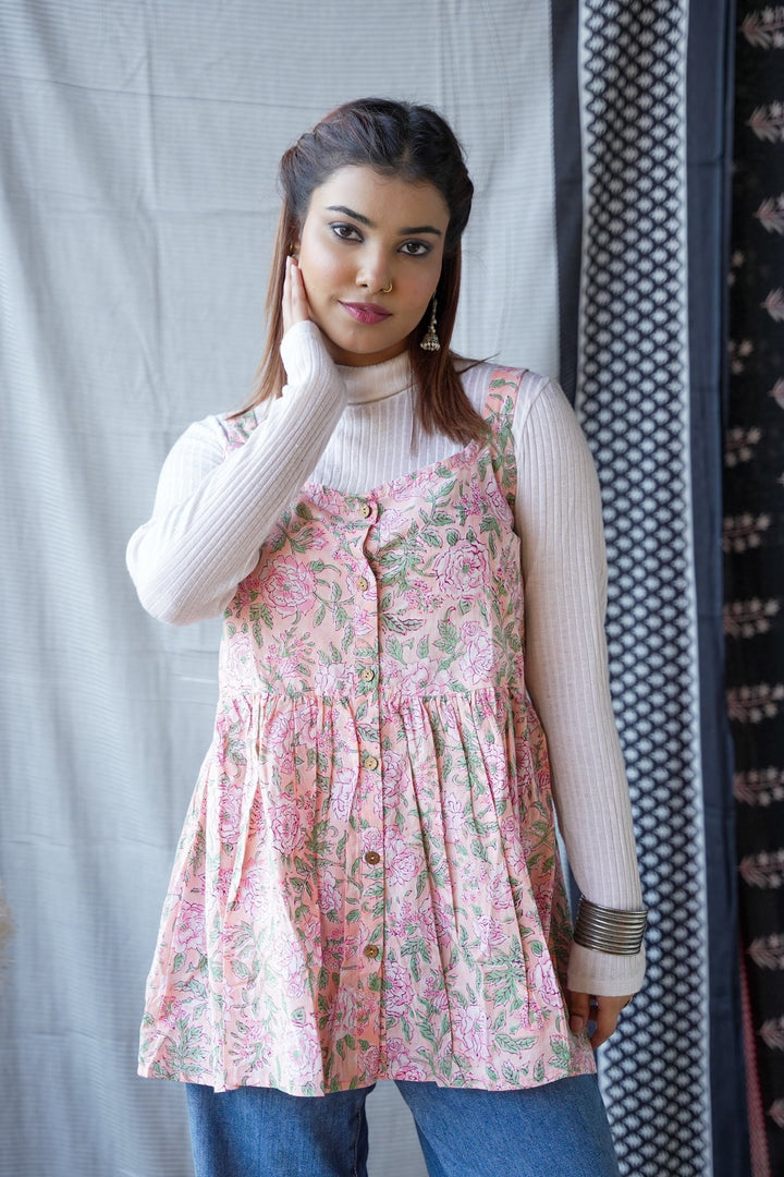 Light Pink Handblock Print Short Kurti Top