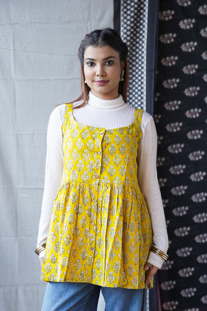 Yellow Handblock Print Short Kurti Top