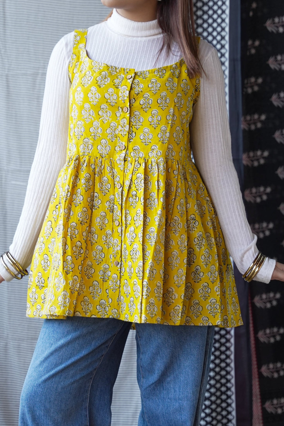 Yellow Handblock Print Short Kurti Top