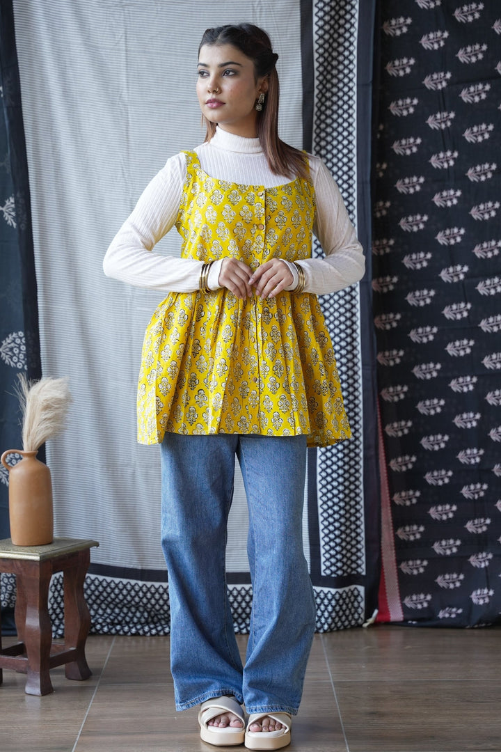 Yellow Handblock Print Short Kurti Top