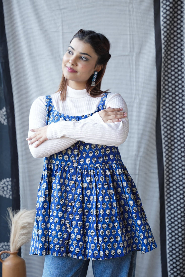 Royal Blue Handblock Print Short Kurti Top