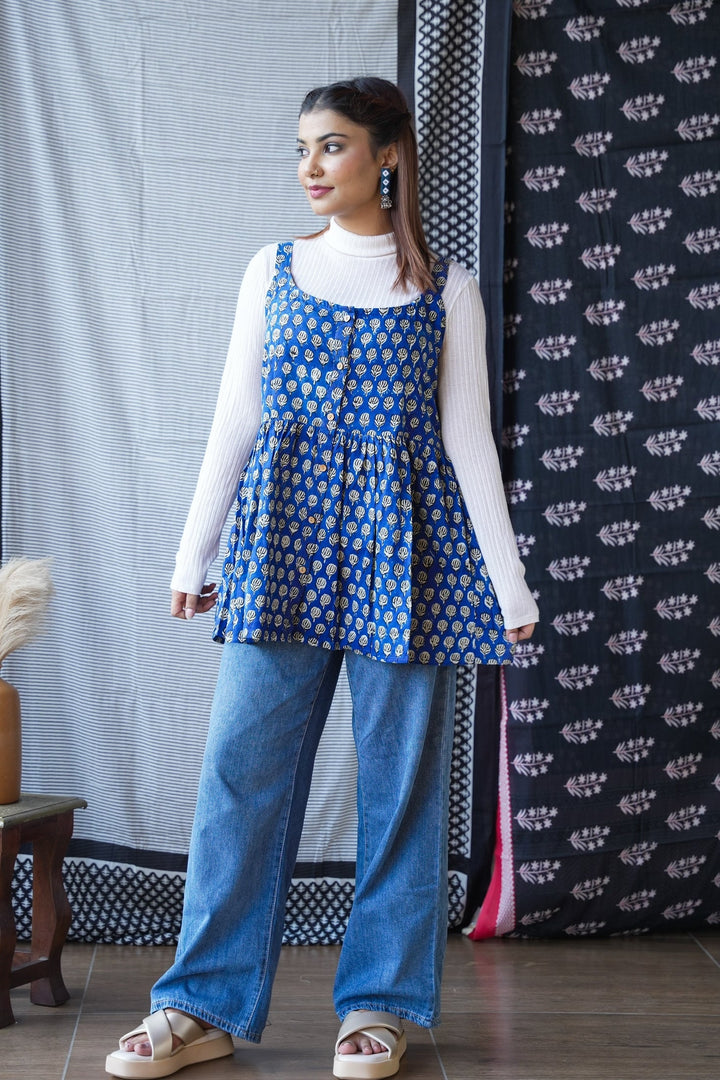 Royal Blue Handblock Print Short Kurti Top