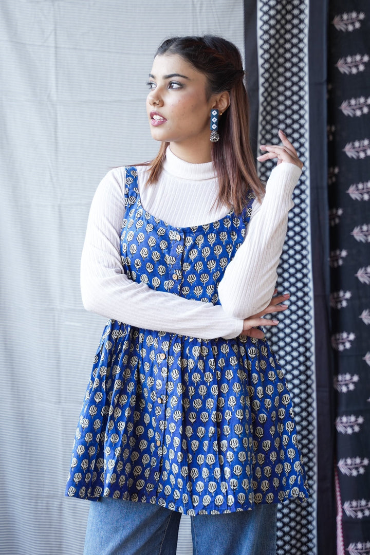 Royal Blue Handblock Print Short Kurti Top