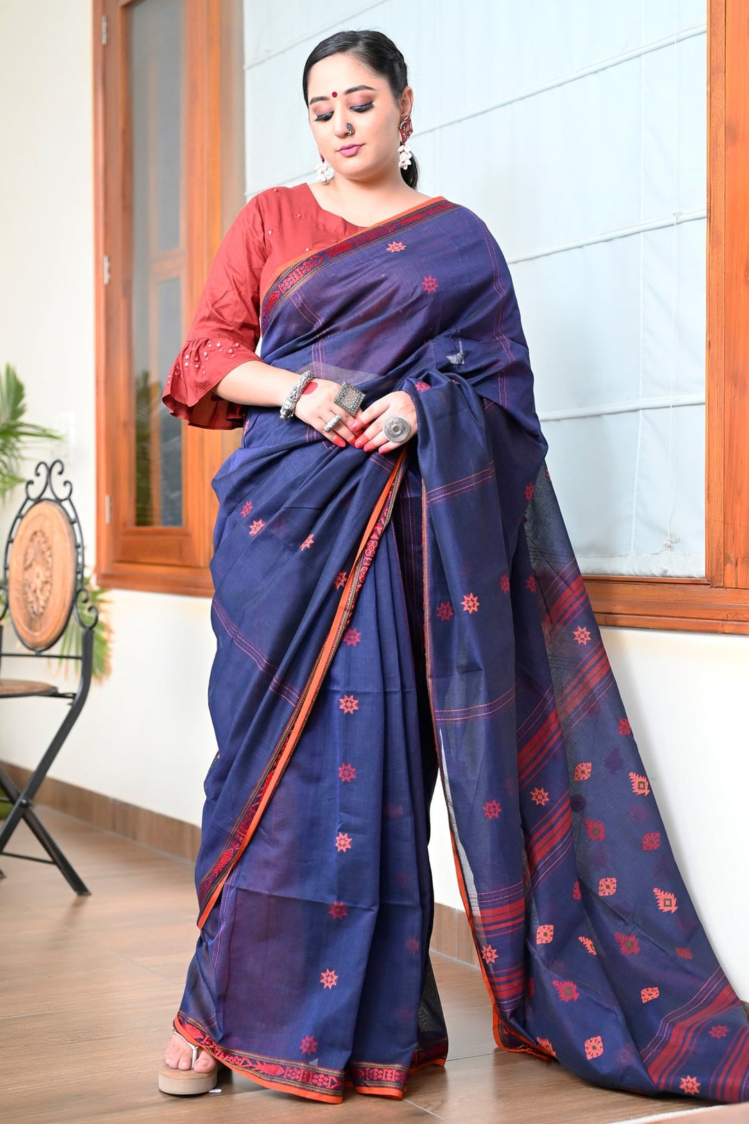 Blue And Red Pure Bengali Cotton Taant Handloom – BharatSthali