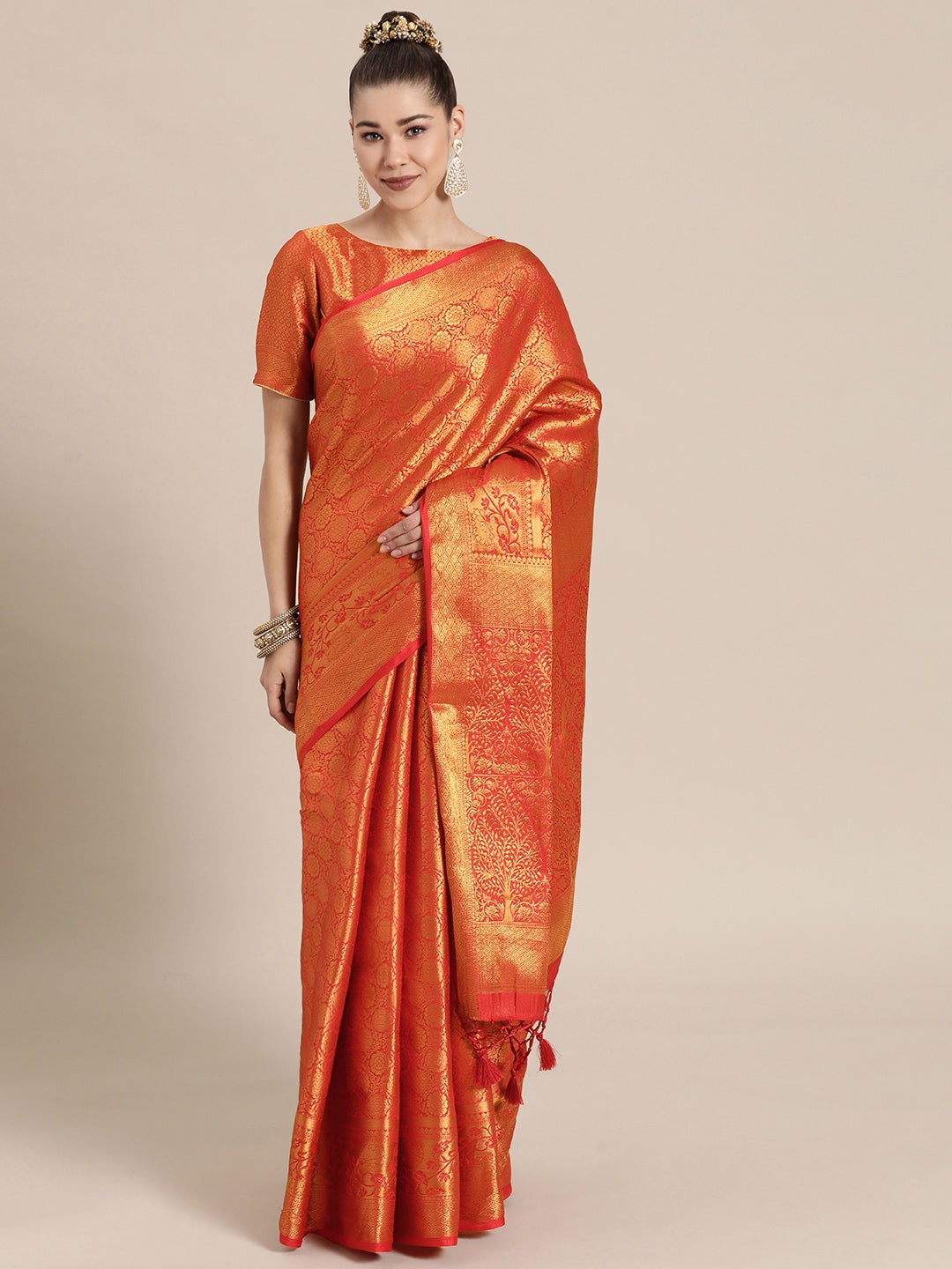 Red and Gold Colored Silk Blend Woven Design Banarasi Saree