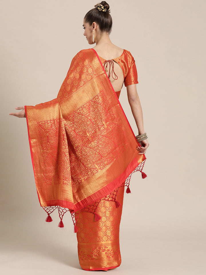 Orange and Gold Colored Silk Blend Woven Design Banarasi Saree