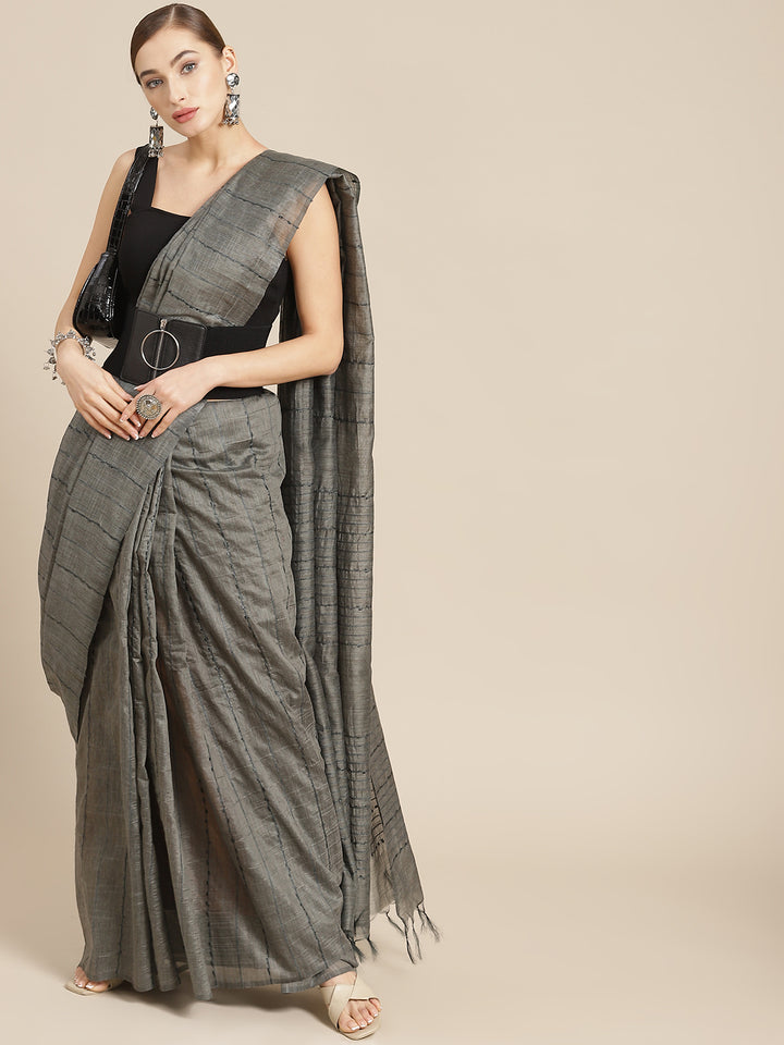 Green Color Silk Cotton Woven Design Striped Handloom Saree