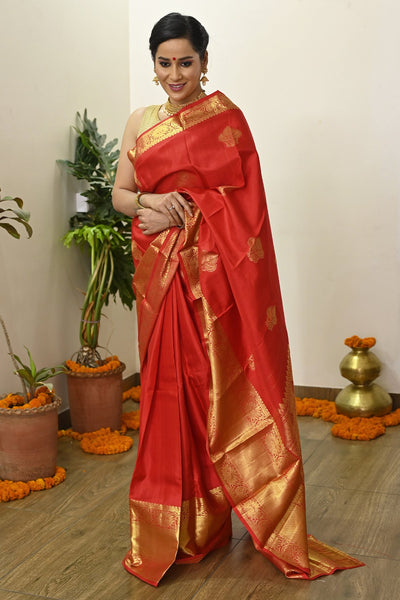 Bright Red Pure Kanjivaram Silk Saree – Keya Seth Exclusive