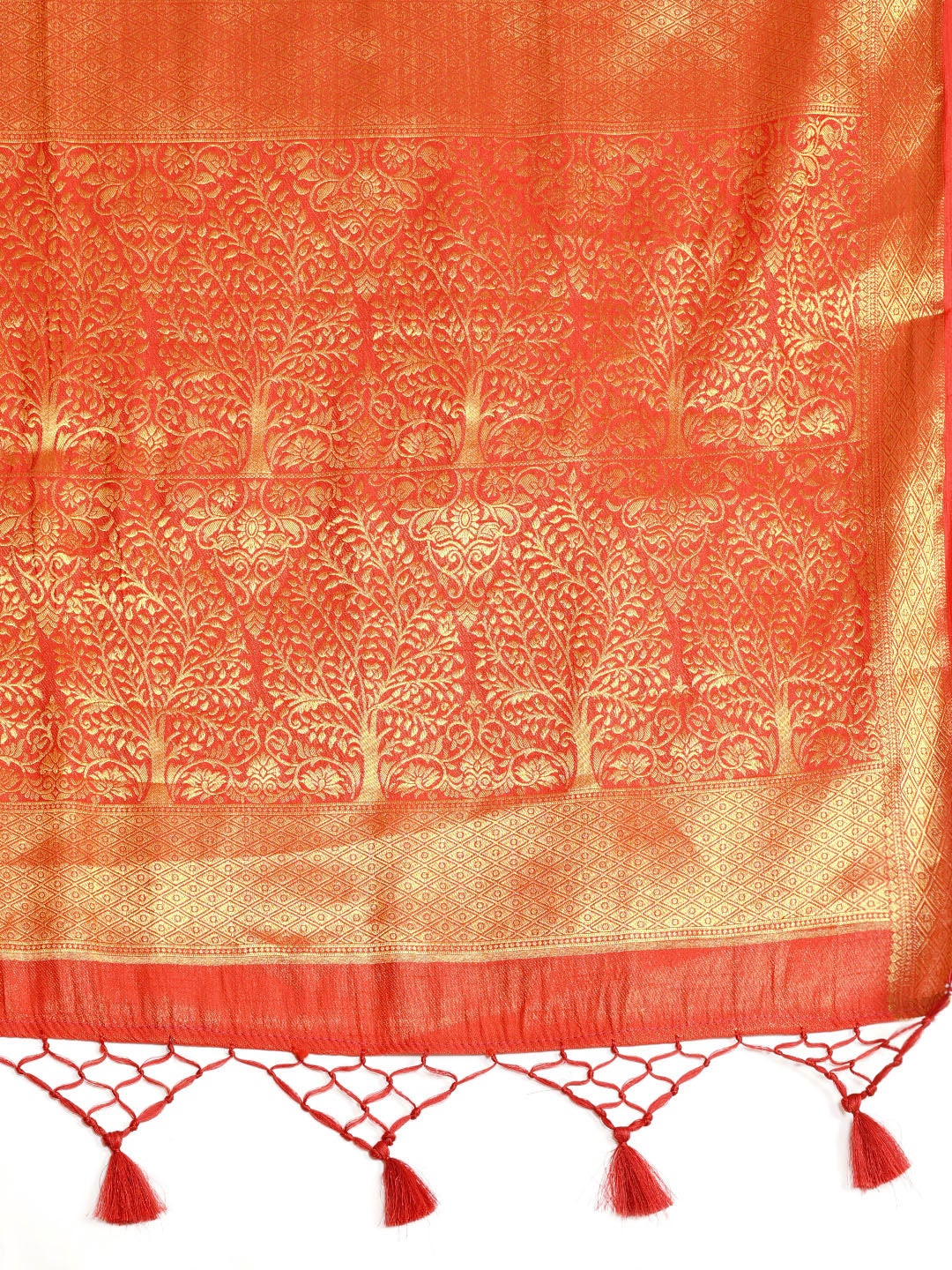 Orange and Gold Colored Silk Blend Woven Design Banarasi Saree