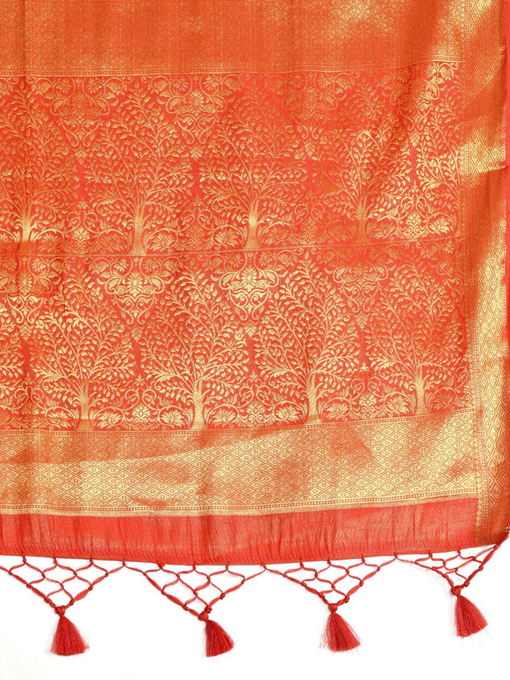 Orange and Gold Colored Silk Blend Woven Design Banarasi Saree