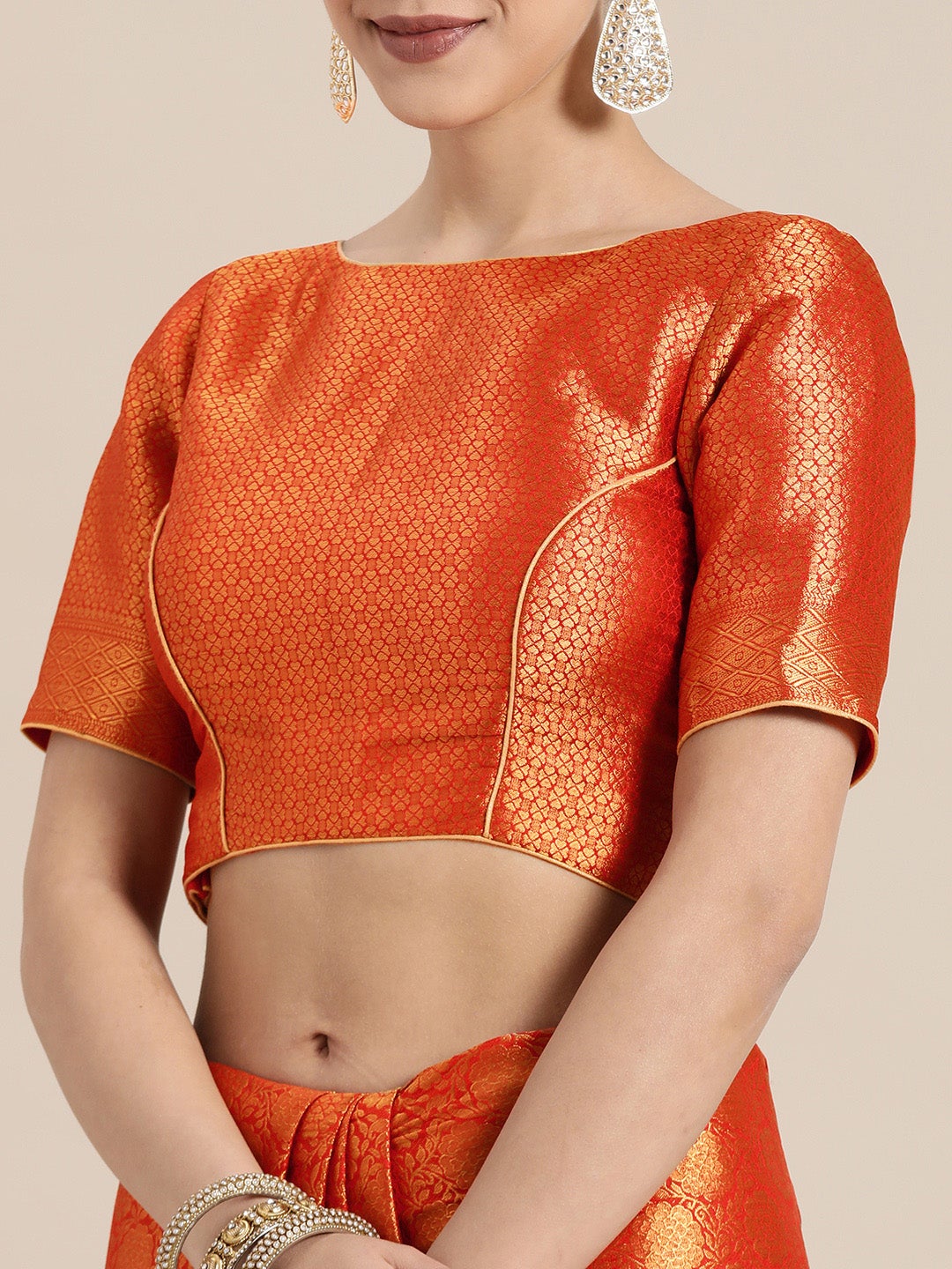 Orange and Gold Colored Silk Blend Woven Design Banarasi Saree