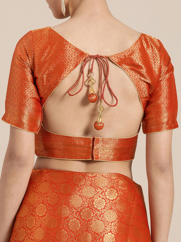 Orange and Gold Colored Silk Blend Woven Design Banarasi Saree