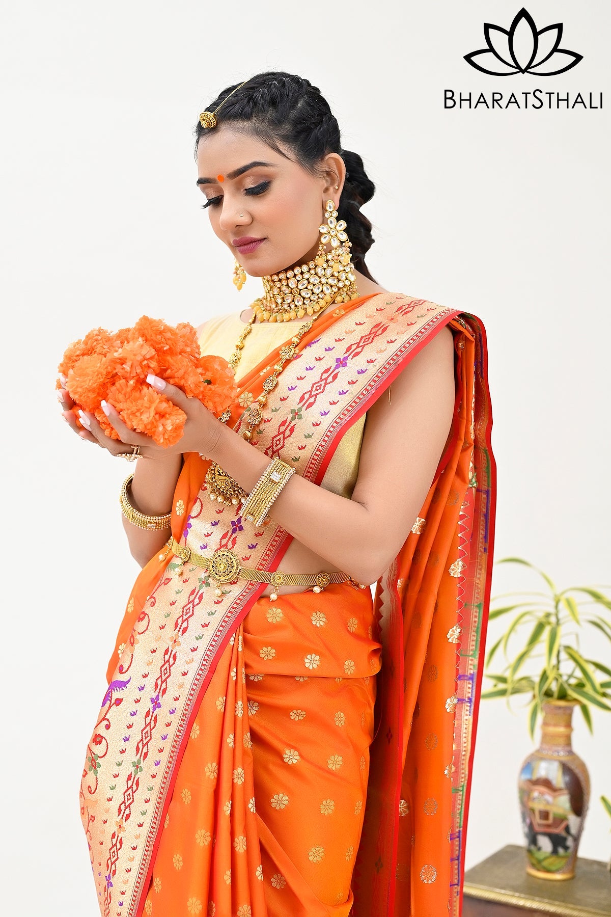 Rust Orange Color Banarasi Silk Saree with Broad Border and Zari 