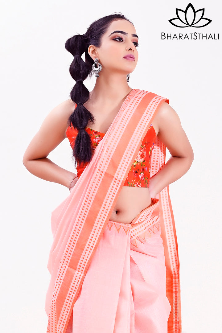 Peach Color Pure Cotton Woven Design Temple Border Maheshwari Handloom Saree