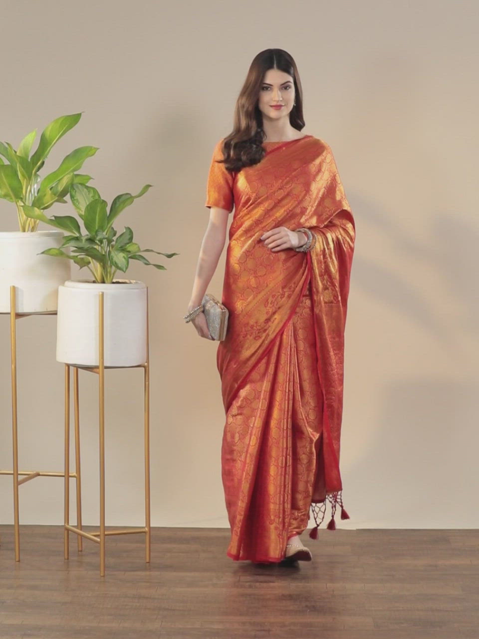 Orange and Gold Colored Silk Blend Woven Design Banarasi Saree