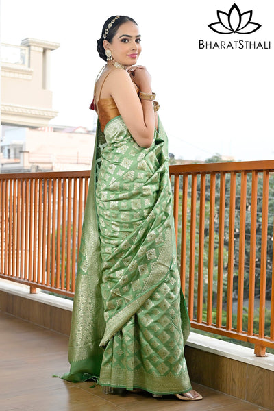 Green Smoke Handloom Woven Designer Banarasi Silk Saree – MySilkLove