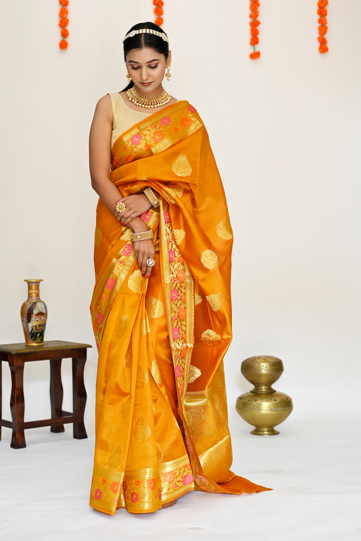 Mustard Yellow Color - Pure Banarasi Silk Saree with all over Zari Work