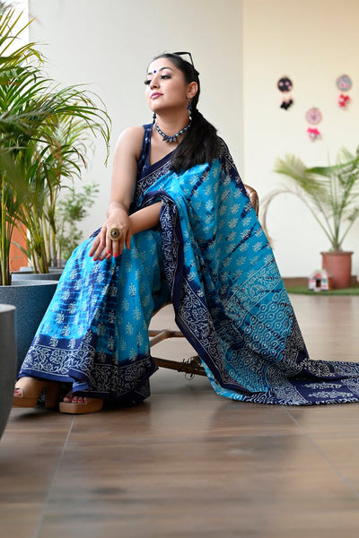 Blue cotton plain saree