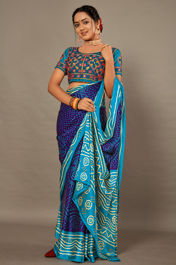 Purple With Blue BANDHEJ Soft SILK SAREE WITH Hand WORK Over Blouse