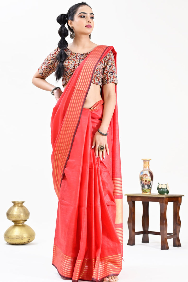 Red Color Pure Cotton Solid Maheshwari Handloom Saree