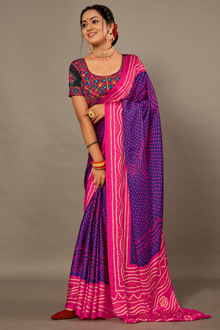 Blue With Rani Pink BANDHEJ Soft SILK SAREE WITH Hand WORK Over Blouse