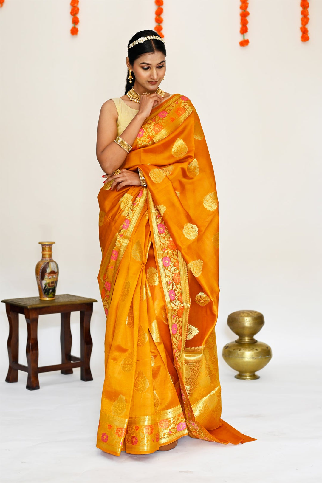 Mustard Yellow Color - Pure Banarasi Silk Saree with all over Zari Work