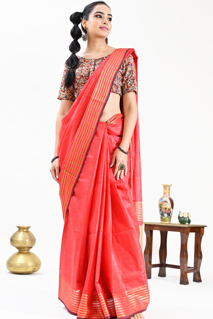 Red Color Pure Cotton Solid Maheshwari Handloom Saree