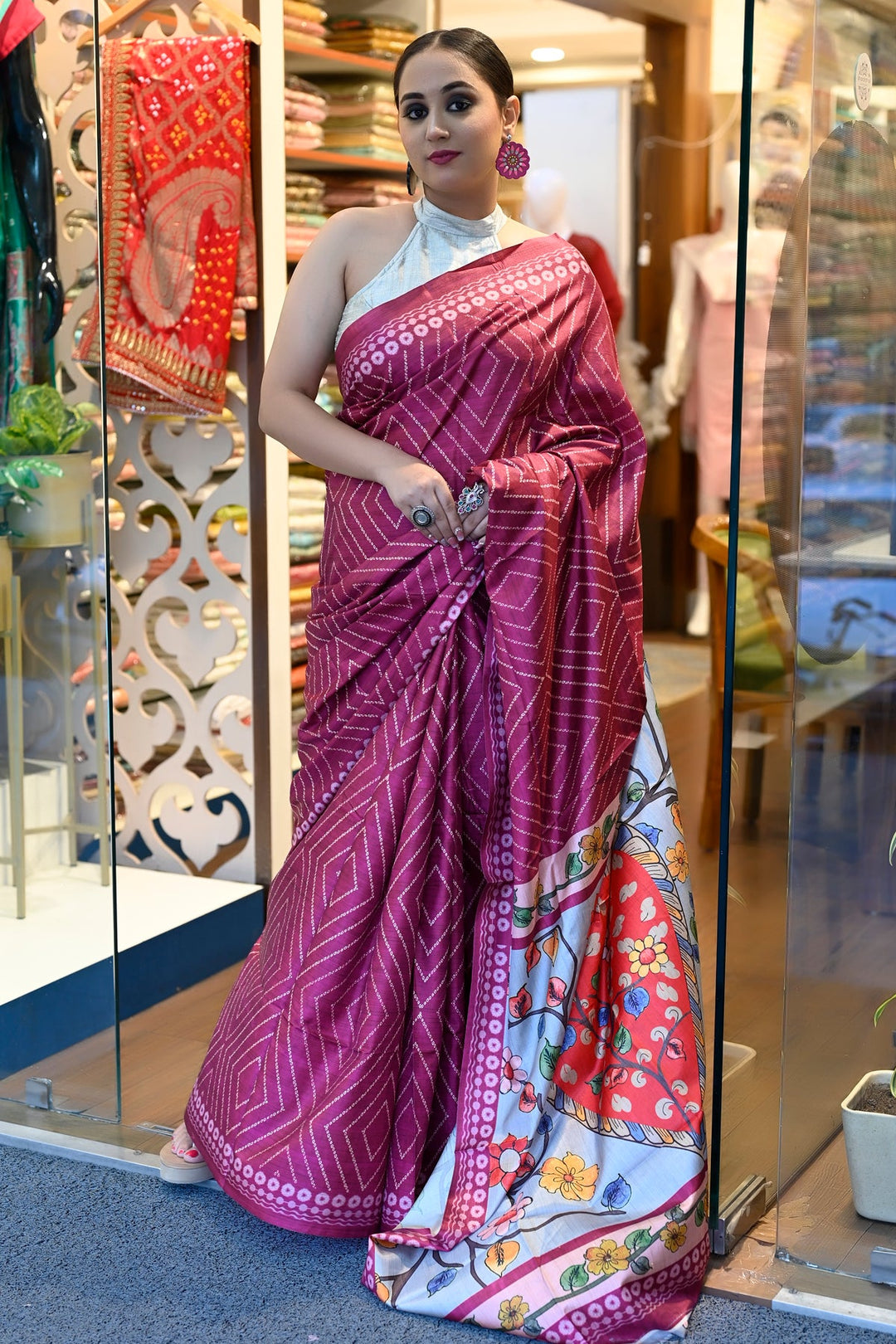 Wine Color Bandhej Print Saree with Kalamkari