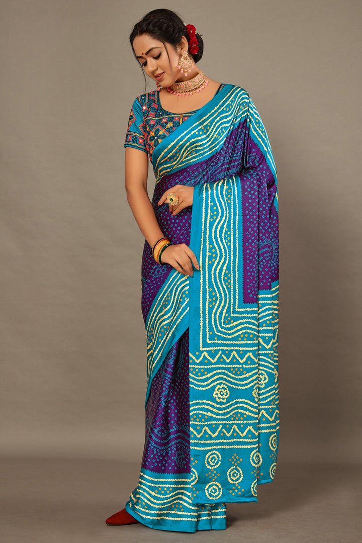 Purple With Blue BANDHEJ Soft SILK SAREE WITH Hand WORK Over Blouse