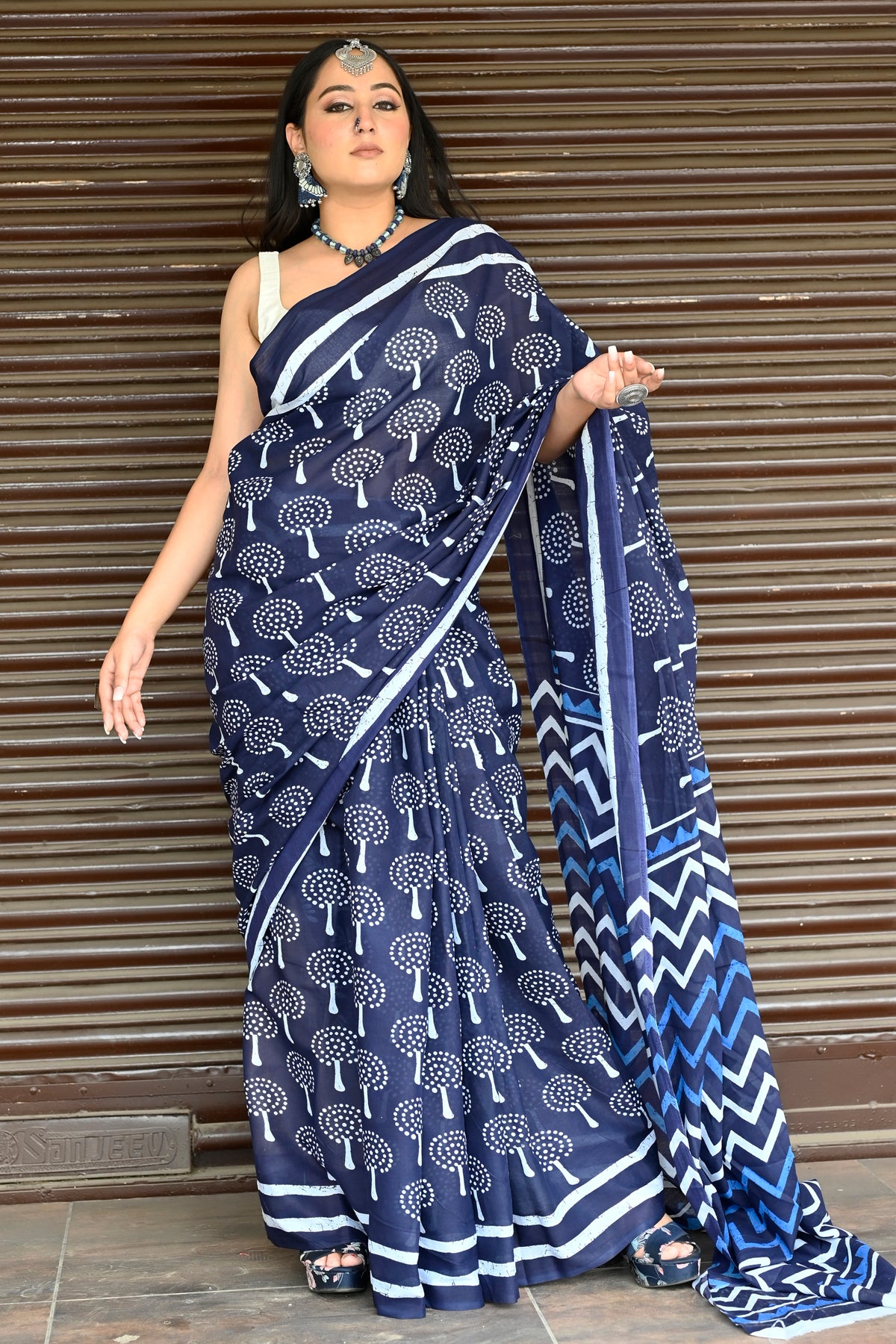 Indigo Blue Handloom Jaipuri Pure Cotton Print Saree BharatSthali